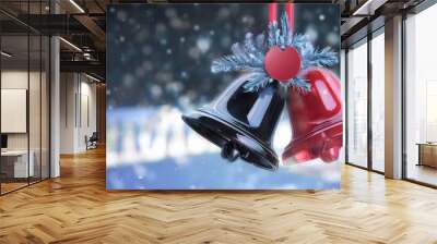 Red and black Christmas background concept Red and black Christmas bells with snowy background. Wall mural