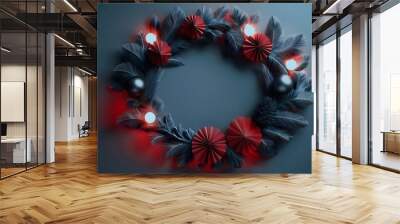 Red and black Christmas background concept Red and black holiday wreath with glowing lights. Wall mural