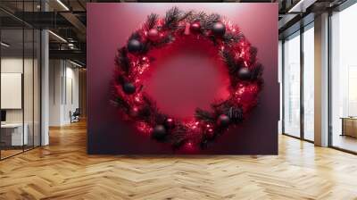 Red and black Christmas background concept Red and black holiday wreath with glowing lights. Wall mural