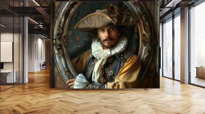 A living painting. A French musketeer, a medieval nobleman in an old doublet with a hat, emerges from an old painting hanging on the wall.  Wall mural