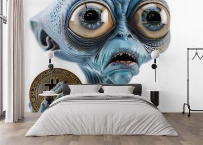 Cute blue cartoon alien with big eyes holds a crypto coin bitcoin and is surprised, 3d illustration, portrait on a white background Wall mural