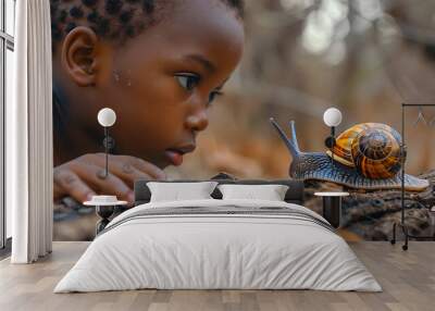 Little African Zambezian boy carefully watches a large snail crawling on a tree, close-up, African savannah in the background, children and nature. Wall mural