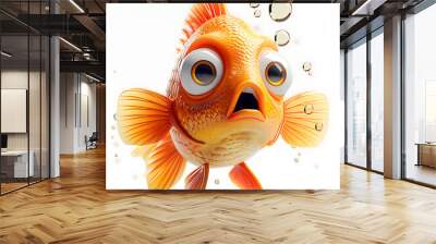 Surprise, shock, very surprised fish bulged its eyes and blew bubbles, funny 3d illustration with animals Wall mural