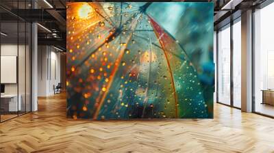 Transparent umbrella sits under a clear blue sky with fluffy white clouds. Sun shines brightly, and umbrella is covered in raindrops that create sparkling rainbow effect Wall mural