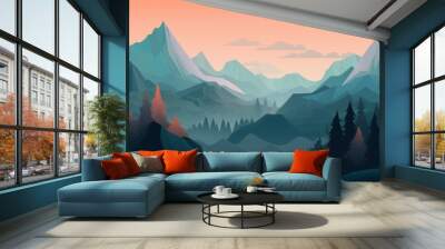 A landscape with mountains and a sunset with the sun shining on the horizon. Generative AI Wall mural