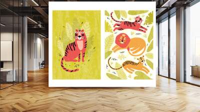 Cute leopard, tiger and lion in the jungle. Set of vertical postcards and banners in vector. Funny wild animal in tropical leaves and plants. Exotic cat cartoon character. Hand drawn illustration. Wall mural