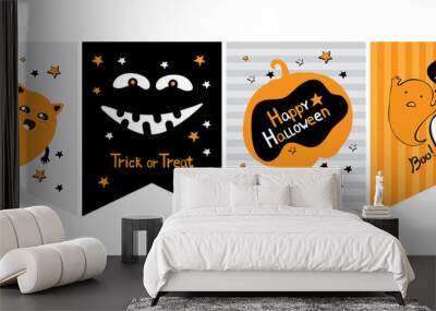 Funny Hand Drawn Halloween Vector Bunting. Illustration with cat, Ghost, pumpkin, Jack. Hand written trick or treat, happy Halloween, Boo. Gra, Orange, Black and White Design. Garland and flags Wall mural