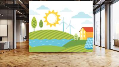 Green energy an eco friendly modern house. Eco city using alternative energy. Modern environmentally friendly town landscape with ecological infrastructure, solar panels, windmills, wind turbines Wall mural