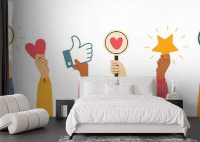 people give review rating and feedback. hands different skin colors vote. likes, hearts, thumbs up b Wall mural