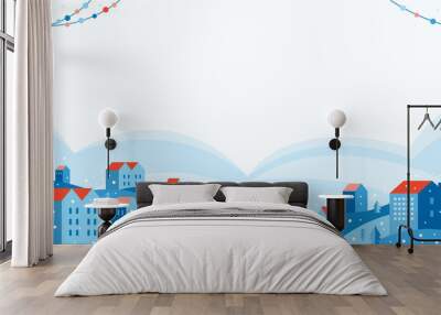 Urban landscape in a geometric minimal flat style. Festive snow city in winter decorated with garlands. Cozy houses on a hill among trees. New year and Merry Christmas. Abstract horizontal banner. Wall mural