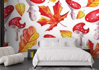 Watercolor seamless background. Red, bright fly agarics in leaves on a white watercolor background. Forest mushrooms. Mystical, fabulous, fun style. Bright hand-drawn background for packaging, Wall mural