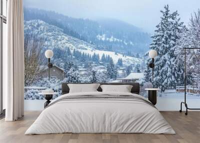 4 Heavy snowfall blanketing a mountain landscape, winter weather, cold and serene Wall mural