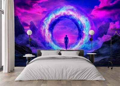 A person stepping through a glowing doorway into a vibrant unknown world, signifying embracing the future, neon glow, high contrast, scifi elements Wall mural