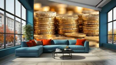 Stack of golden coin. Representing wealth and financial success. Plenty of money. Wall mural