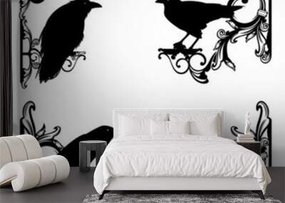 antique style calligraphic ornament forming copy space frame with raven birds -  black and white vector decorative background design with page border and corners for witchcraft and sorcery concept Wall mural