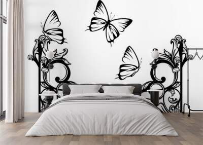 antique style page corner decor element with plant leaves and butterflies - black and white vector outline graphic set Wall mural