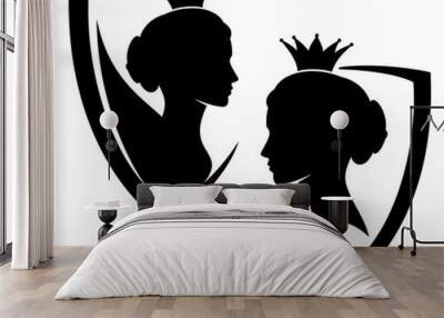 beautiful queen or princess profile head in heraldic shield - royal coat of arms black and white vector design set Wall mural