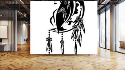 beautiful shaman woman with moon crescent decorated with feathers - tribal style spiritual decor black and white vector design Wall mural