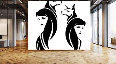 beautiful woman with long hair and elegant fox black and white vector head portrait outline Wall mural