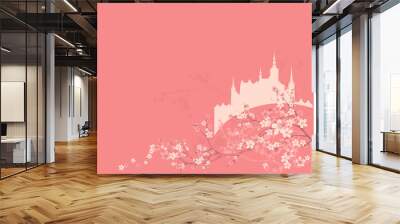 blooming spring season tree branches and magic fairy tale princess castle vector copy space background Wall mural