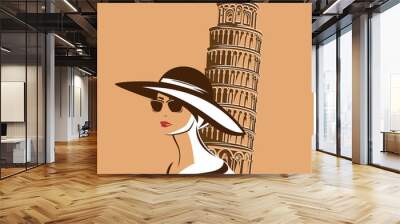 elegant woman with sunglasses wearing wide brimmed hat by leaning tower of pisa - stylish italian tourist in sunlight vector portrait Wall mural