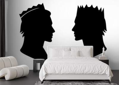 fairy tale king or prince wearing royal crown - noble man black and white vector silhouette head portrait Wall mural