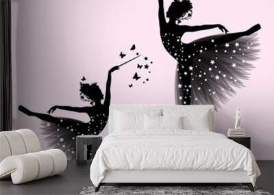 graceful ballerina girl with transparent tutu dress, royal crown and magic wand standing on pointe shoes - fairy tale godmother or princess vector silhouette Wall mural