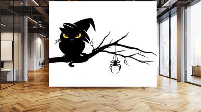 halloween black cat and spider on tree branch Wall mural