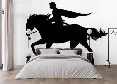 medieval fairy tale prince riding horse - fanatsy horseback hero black and white vector silhouette outline Wall mural