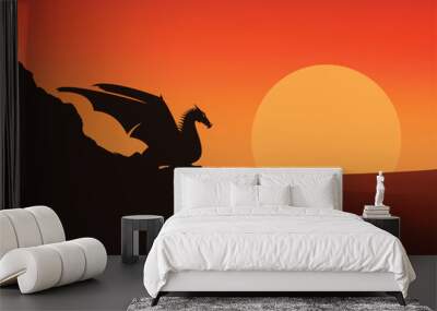 mythical dragon crawling the slope of rock cliff at sunset -  dramatic evening fantasy landscape vector silhouette scene Wall mural