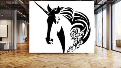 mythical unicorn horse head with rose flower in mane - black and white magical stallion vector design Wall mural