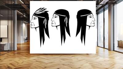 north american indian warrior profile head - native tribal chief side view black and white vector portrait Wall mural