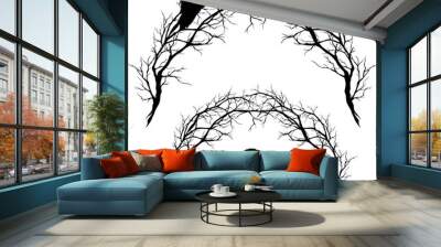 raven bird sitting at bare tree branches forming arch entrance - spooky halloween night vector design set Wall mural