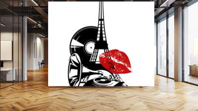 retro style gramophone record player for vinyl and eiffel tower with red kiss mark - audiophile concept vector outline decor design Wall mural