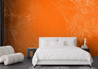 shabby orange wall covered with spooky spider web - halloween theme bright copy space background Wall mural