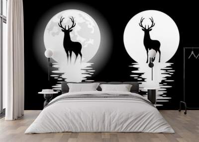 standing deer stag with large antlers and full moon - night wildlife black and white vector design set with mysterious animal spirit silhouette Wall mural