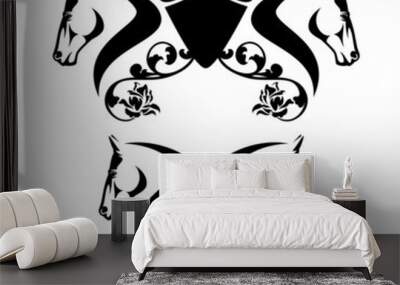 two horse heads and heraldic shield with rose flowers decor - equestrian sport black and white vector emblem design Wall mural