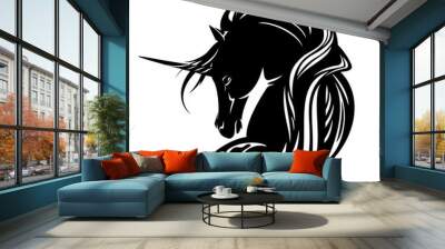 unicorn horse with long mane black and white vector design Wall mural