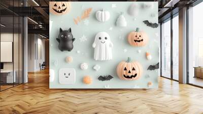 Assortment of Cute Halloween and Symbols on Mint Background Wall mural