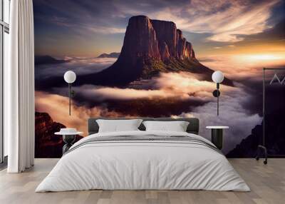 Beautiful landscape in the imagine world of high mountains peak and sunset or sunrise with sea of fog, above the cloud and flowing of the mist. 3D Rendering graphic ,illustration drawing Wall mural