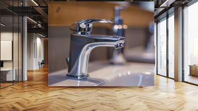 A shiny silver faucet sits on a white sink Wall mural