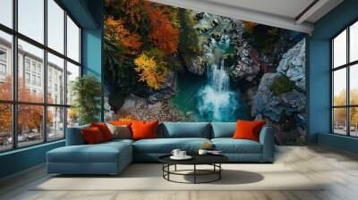 Aerial View of Waterfall in Autumn Forest Wall mural