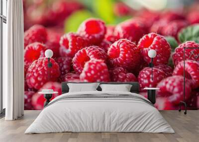 Full frame closeup of fresh ripe red healthy raspberries in pile on stall Wall mural