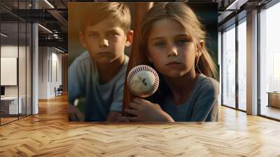 girl and boy sitting and holding baseball bat, glove and ball Wall mural