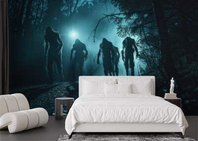 Group of walking scary monsters at night. Forest path. Wall mural