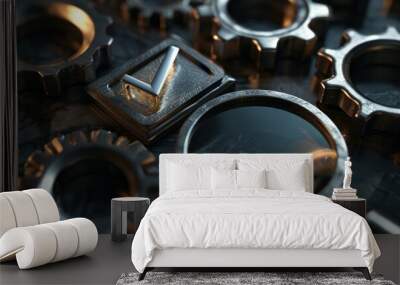 Metallic Gears and a Checkmark under a Magnifying Glass Wall mural