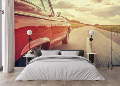 Red Classic Car on Road Trip Wall mural