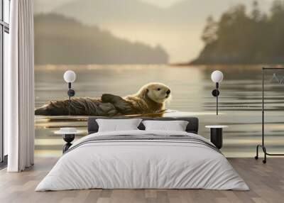 Sea Otter Floating in a Calm Golden Water at Dawn Wall mural