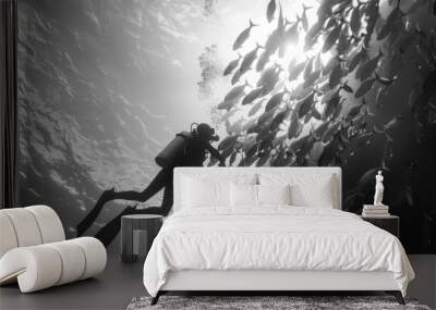 Silhouette of a Scuba Diver Surrounded by Fish Wall mural