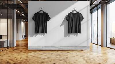 Two Black T-shirts Hanging on Hangers Against a White Wall Wall mural